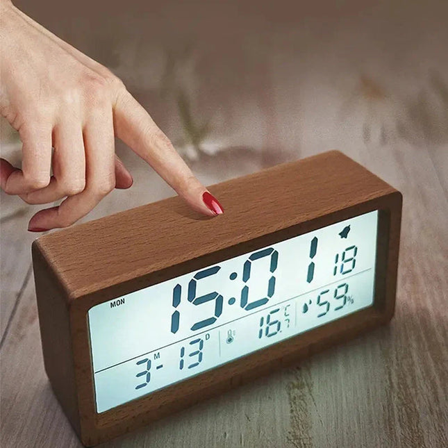 Sveglia digitale in legno con termometro
